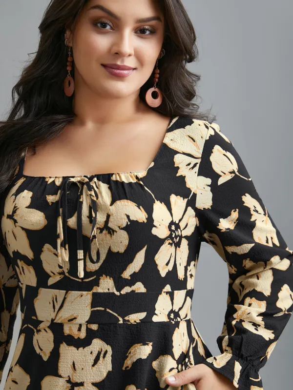Square Neck Silhouette Flower Ruffled Dress sold by Bloomchic