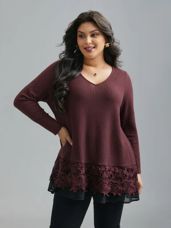 Scalloped Lace Waffle Knit Top sold by Bloomchic
