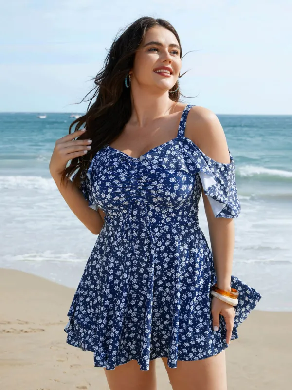 Off-Shoulder Ruched Drawstring Swim Dress sold by Bloomchic