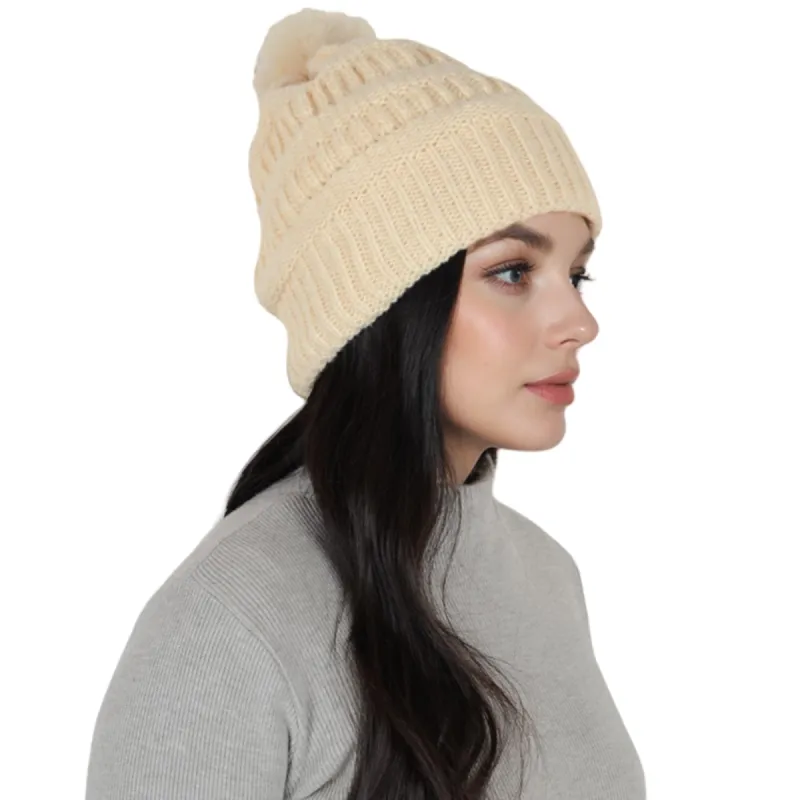 Anna-Kaci Winter Chunky Knit Slouchy Beanie with Faux Fur Pompom Warm Fleece Solid Color Chunky Baggy Hat for Women sold by Anna-Kaci