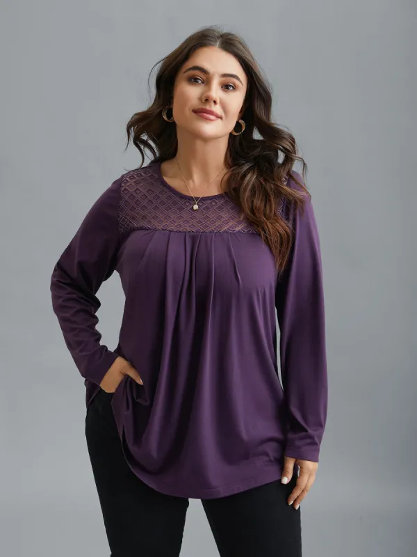 Crew Neck Lace Detail Pleated T-Shirt sold by Bloomchic