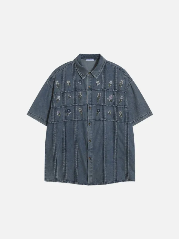 Aelfric Eden Flower Embroidery Denim Short Sleeve Shirt sold by Aelfric Eden