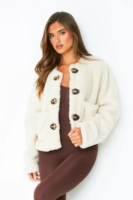 Hannah Cream Borg Fleece Buckle Detail Jacket sold by Missy Empire