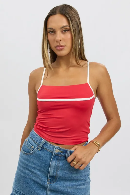 Red Singlet Top Contrast Piping sold by Ally Fashion