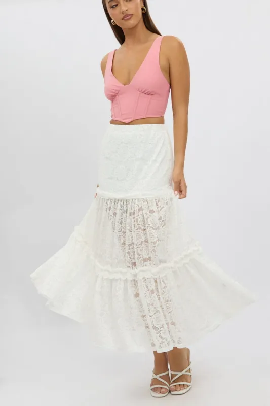 White Lace Maxi Skirt Elastic Waist Tiered Lined sold by Ally Fashion
