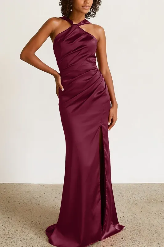Halter Neck Sheath Bridesmaid Dress with Sweep Train CB0797 sold by Cocomelody