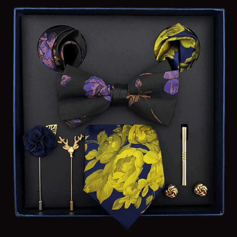 8Pcs Men's Yellow Floral Necktie Black & Purple Bow Ties Gift Box sold by FloralTrip