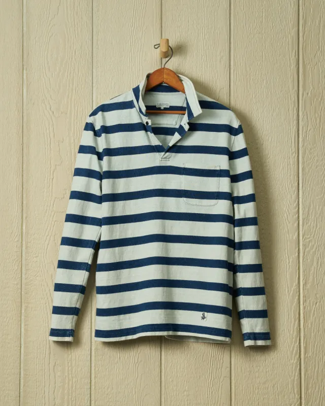 Long Sleeve Indigo Polo in Blue/Antique White Wide Stripe sold by Quaker Marine Supply