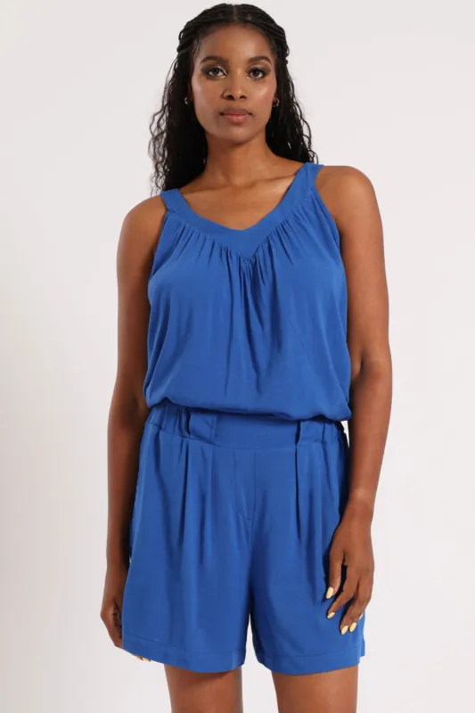 Pull-On Pleated Mock Fly Linen Mid Thigh Shorts - Cobalt sold by Edgars