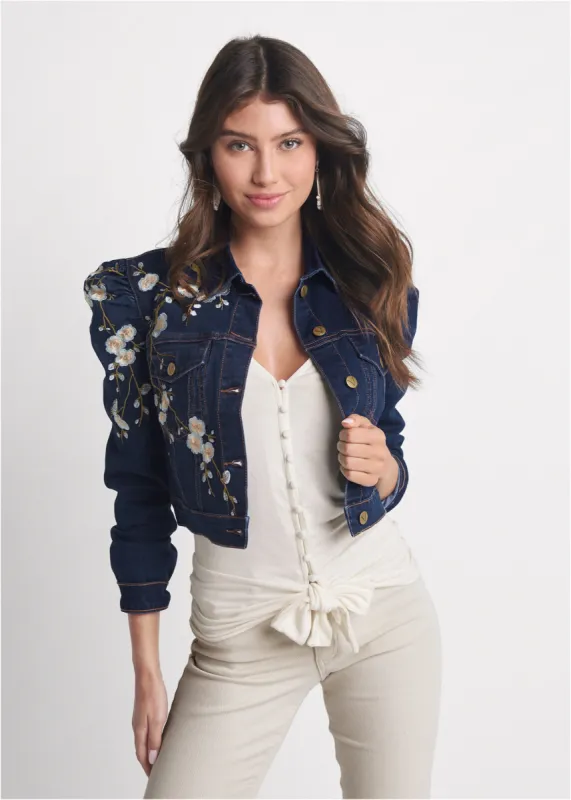 Floral Embroidered Puff Sleeve Jean Jacket. - Dark Wash sold by VENUS
