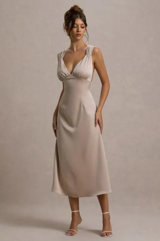 Beck | Champagne Satin Plunge-Neck Cross-Back Midi Dress sold by Club L London