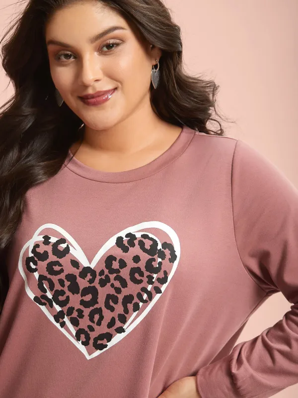 Leopard Heart Motif Crew Neck Sweatshirt sold by Bloomchic