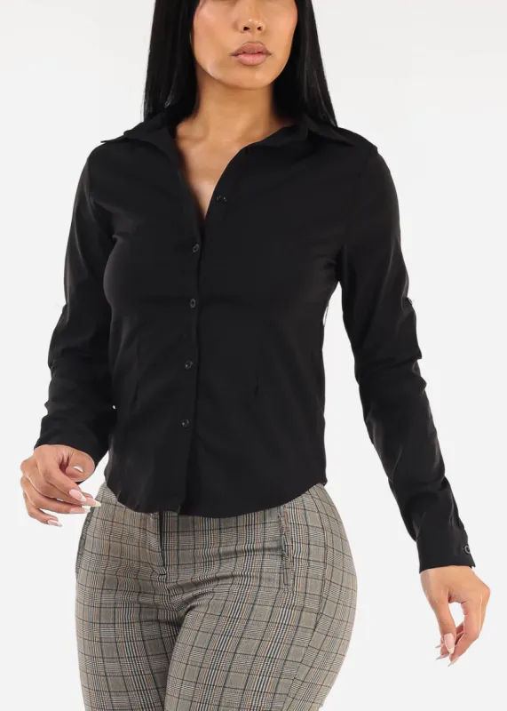 Long Sleeve Button Up Black Fitted Blouse sold by Moda