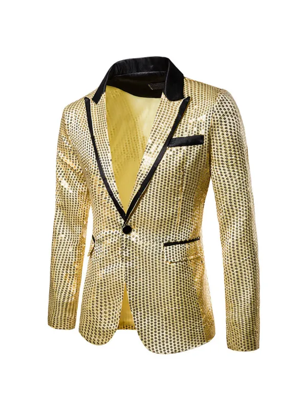 Men's Tailored Fit Gold Single Breasted One-Button Sequin Party Jacket sold by Lavetir