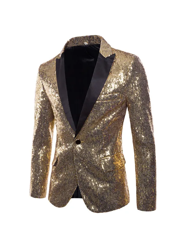 Men's Tailored Fit Gold Single Breasted One-Button Sequins Party Jacket sold by Lavetir