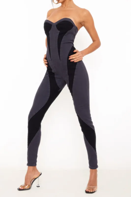 Patchwork Zipper Backless Strapless Jumpsuit sold by Micas