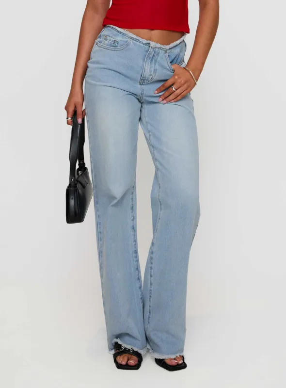 Hawke Frayed Mid Rise Straight Leg Jeans Mid Blue sold by Princess Polly