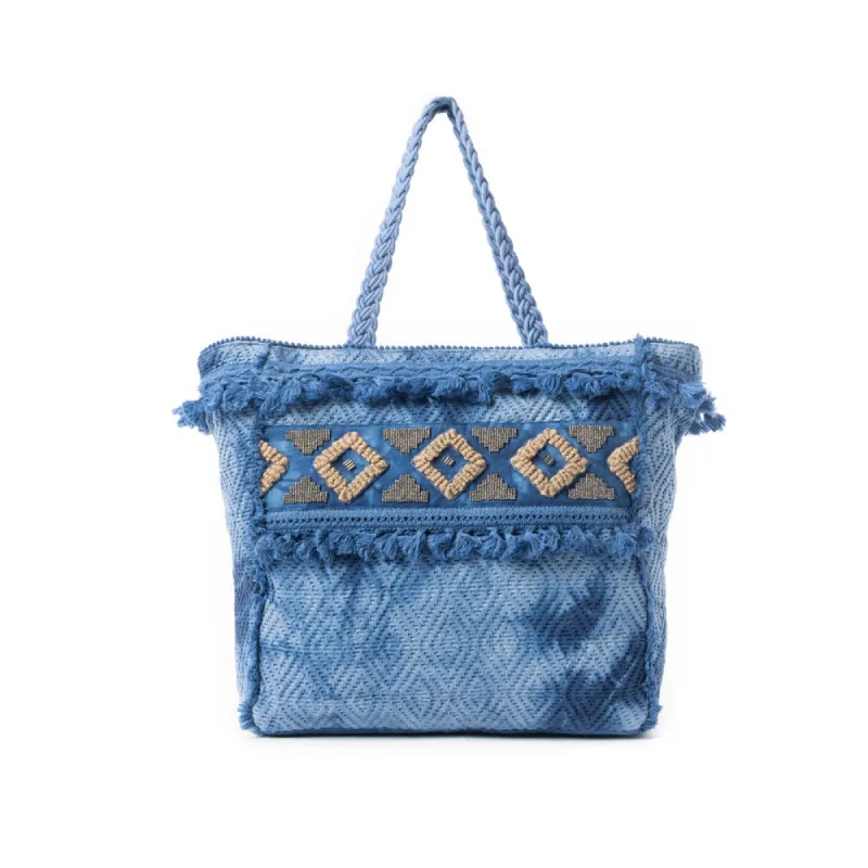 Azure Tribal Tassel Tote Bag sold by Myra Bag