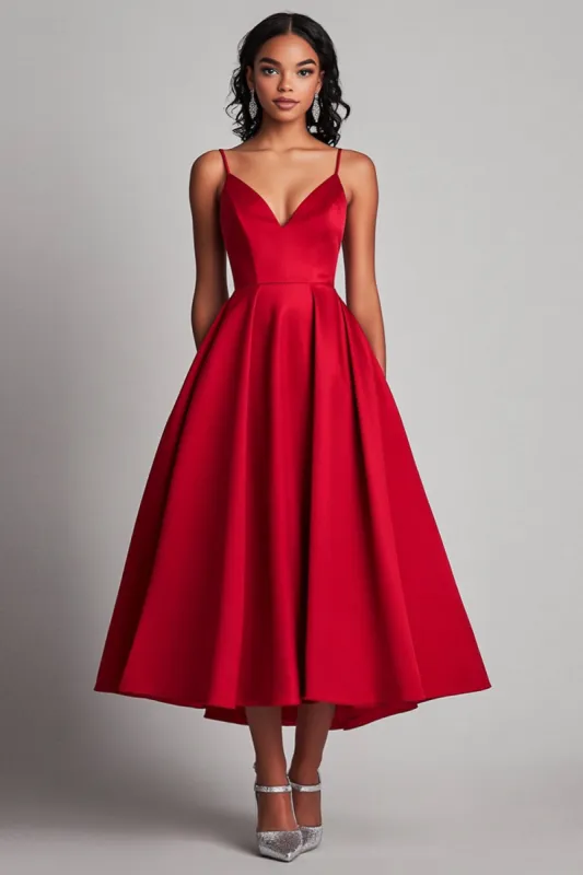 Red Satin A-Line Tea Length Formal Dress sold by Zapaka