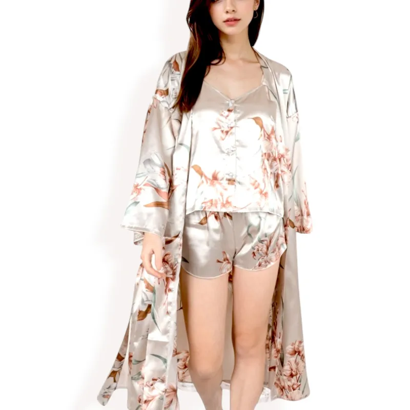 Anna-Kaci Women's Floral Satin Kimono Robe with Matching Cami Top and Shorts sold by Anna-Kaci