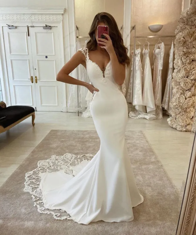 Mermaid V Neck Ivory Lace Chiffon Beach Boho Wedding Dresses sold by My Chic Dress