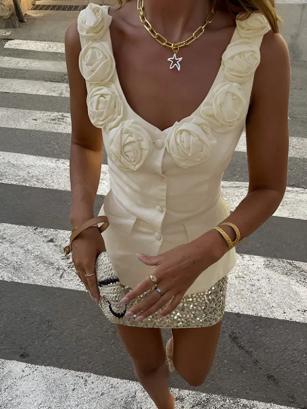Rosette Button Strappy Top sold by COMMENSE