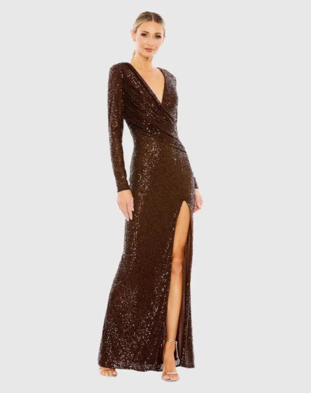 Brown Sequined Long Sleeve Faux Wrap Ruched Gown sold by Mac Duggal