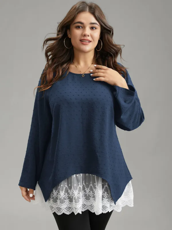 Crochet Lace Mesh Polka Dot Asymmetrical Hem Blouse sold by Bloomchic