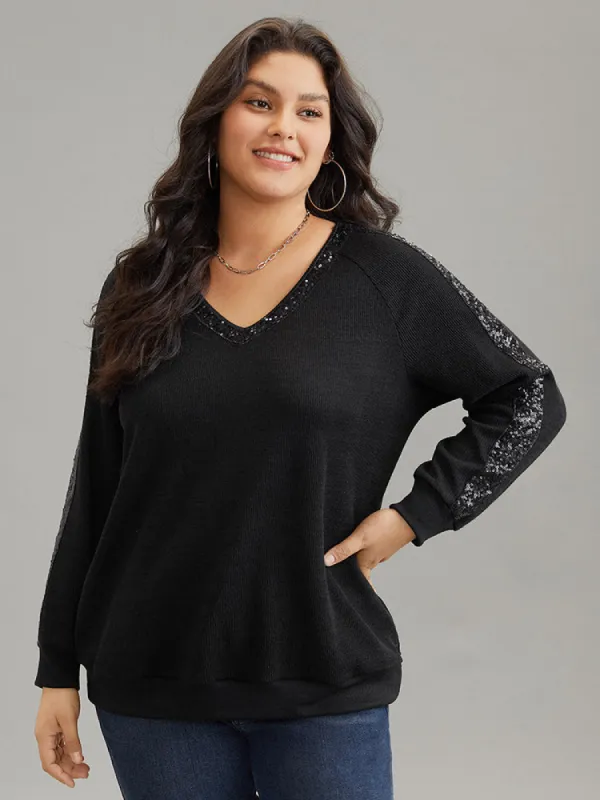 Sequin Patchwork Raglan Sleeve Plisse Sweatshirt sold by Bloomchic