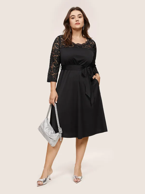 Plain Crochet Lace Mesh Pocket Belted Dress sold by Bloomchic