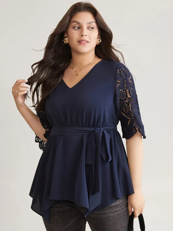 Lace Patchwork Belted Hanky Hem Blouse sold by Bloomchic