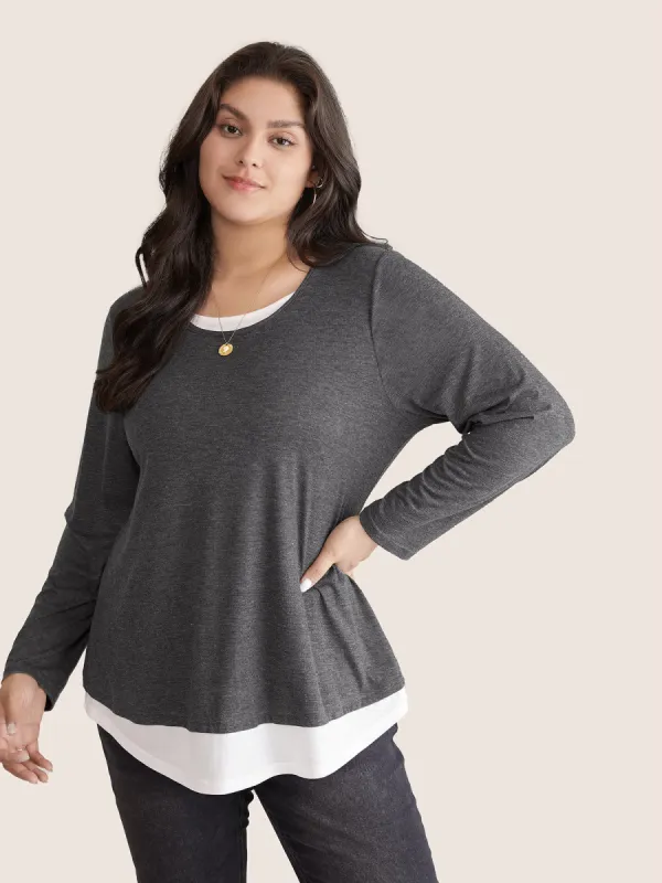 2-In-1 Contrast Crew Neck Curved Hem T-shirt sold by Bloomchic