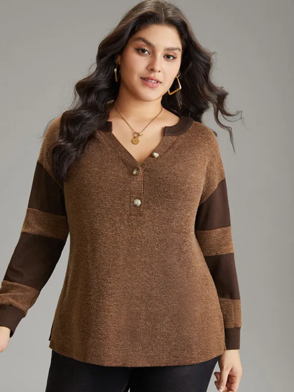 Contrast Patchwork Notched Button Up T-shirt sold by Bloomchic