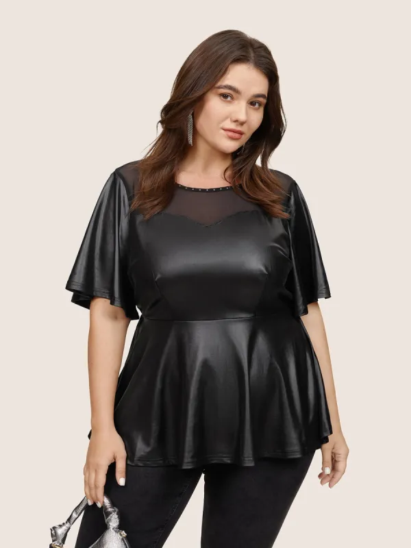 PU Leather Mesh Patchwork Pearl Beaded Blouse sold by Bloomchic