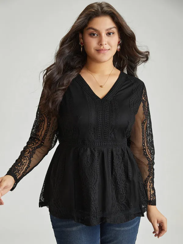 Solid Guipure Lace Mesh Elastic Waist Blouse sold by Bloomchic