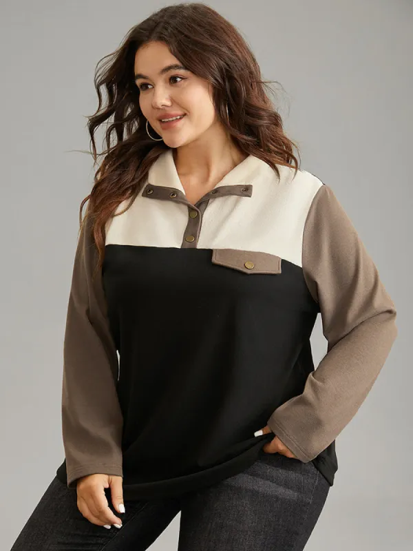 Contrast Patchwork Button Up Flap Detail Sweatshirt sold by Bloomchic