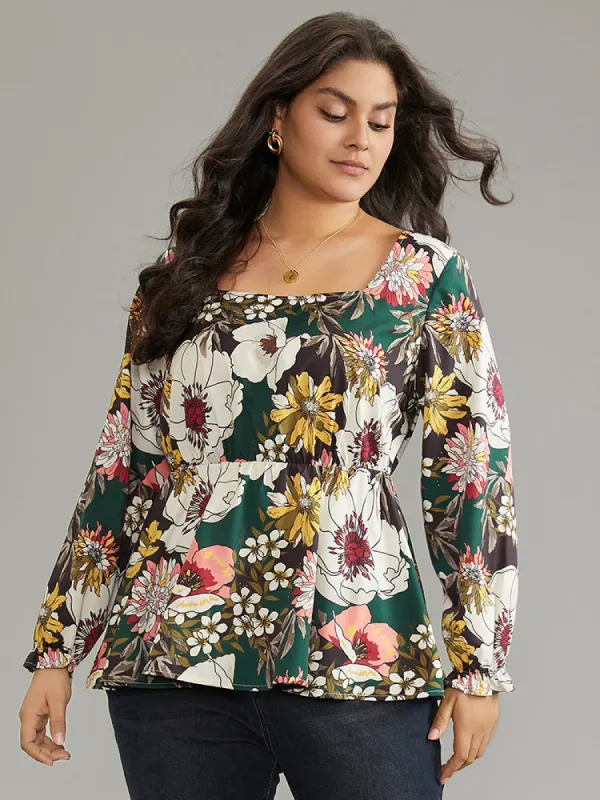 Floral Square Neck Gathered Lantern Sleeve Blouse sold by Bloomchic