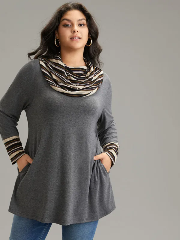 Striped Patchwork Contrast Cowl Neck T-shirt sold by Bloomchic