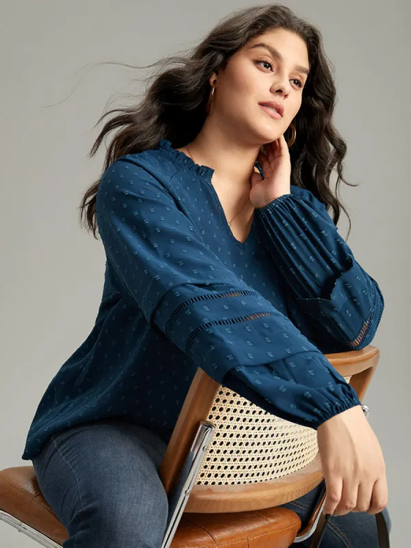 Plain Textured Cut Out Frill Trim Lantern Sleeve Blouse sold by Bloomchic