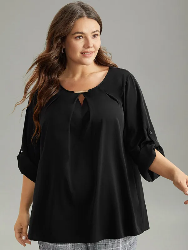 Anti-Wrinkle Buckle Detail Keyhole Tab Sleeve Blouse sold by Bloomchic