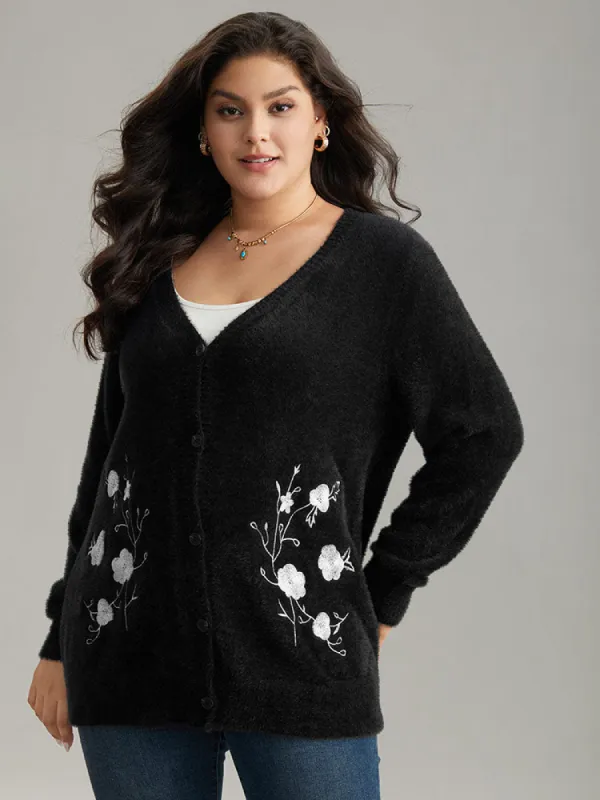 Floral Embroidered Fuzzy Open Front Cardigan sold by Bloomchic