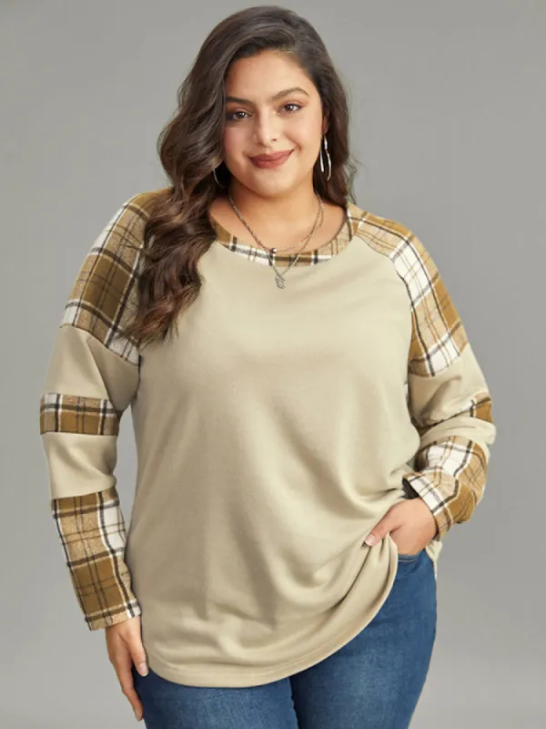 Plaid Patchwork Raglan Sleeve Sweatshirt sold by Bloomchic
