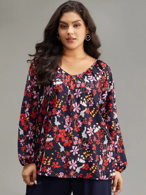 Floral Print Gathered Lantern Sleeve Blouse sold by Bloomchic