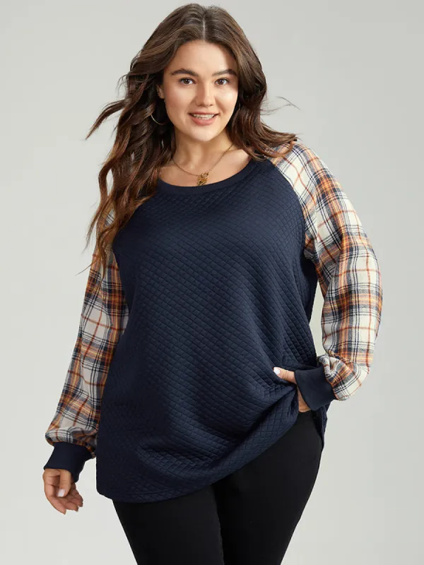 Rib Knit Plaid Patchwork Raglan Sleeve Sweatshirt sold by Bloomchic