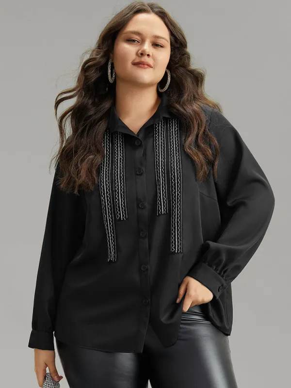 Twill Rhinestone Contrast Webbing Button Through Blouse sold by Bloomchic