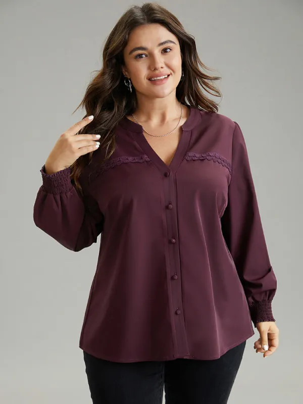 Notched Guipure Lace Button Through Shirred Blouse sold by Bloomchic