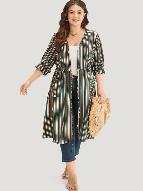 Striped Contrast Pocket Drawstring Knot Drape Kimono sold by Bloomchic