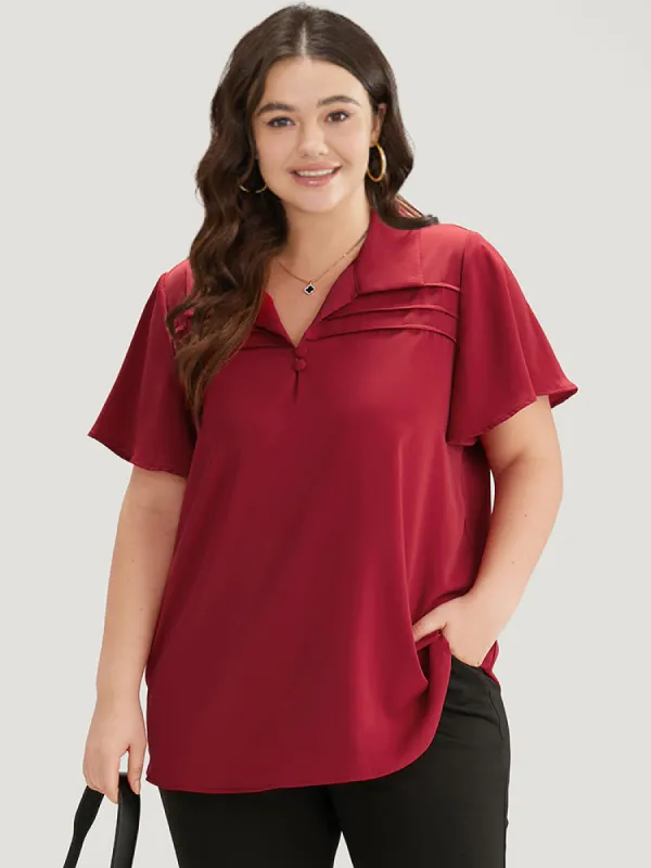 Plain Shirt Collar Button Detail Pleated Blouse sold by Bloomchic