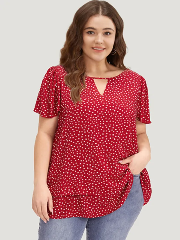 Polka Dot Keyhole Flutter Sleeve Layered Hem Blouse sold by Bloomchic