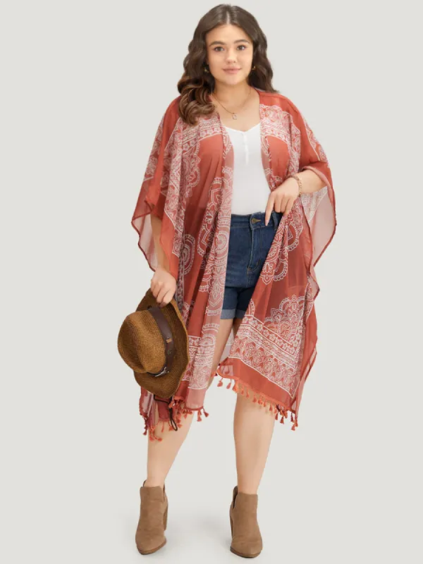 Boho Print Open Front Tassel Trim Batwing Sleeve Kimono sold by Bloomchic